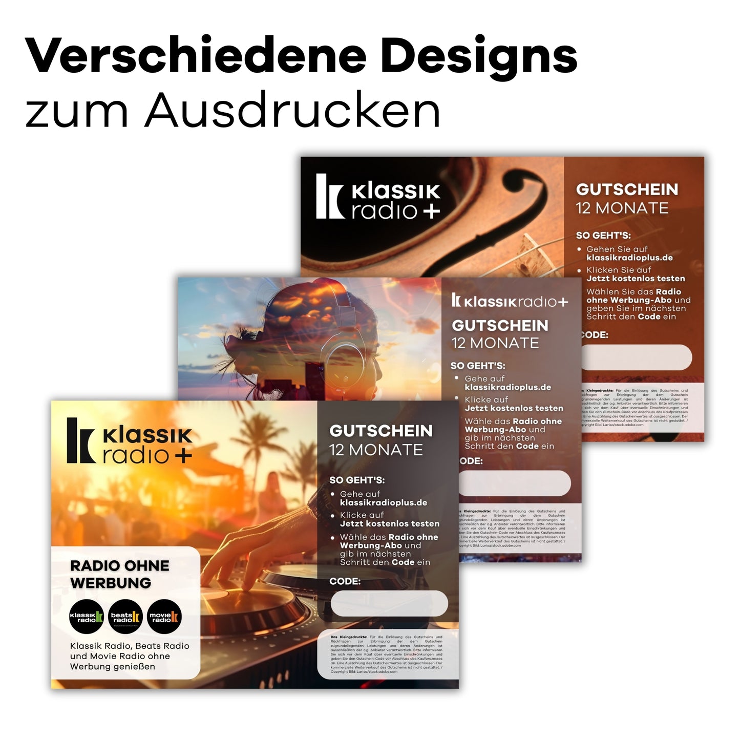 Verschiedene Designs zum Ausdrucken von Beats Radio ohne Werbung mit DJ-Pult, Frau vor Skyline oder Geige als Motiv