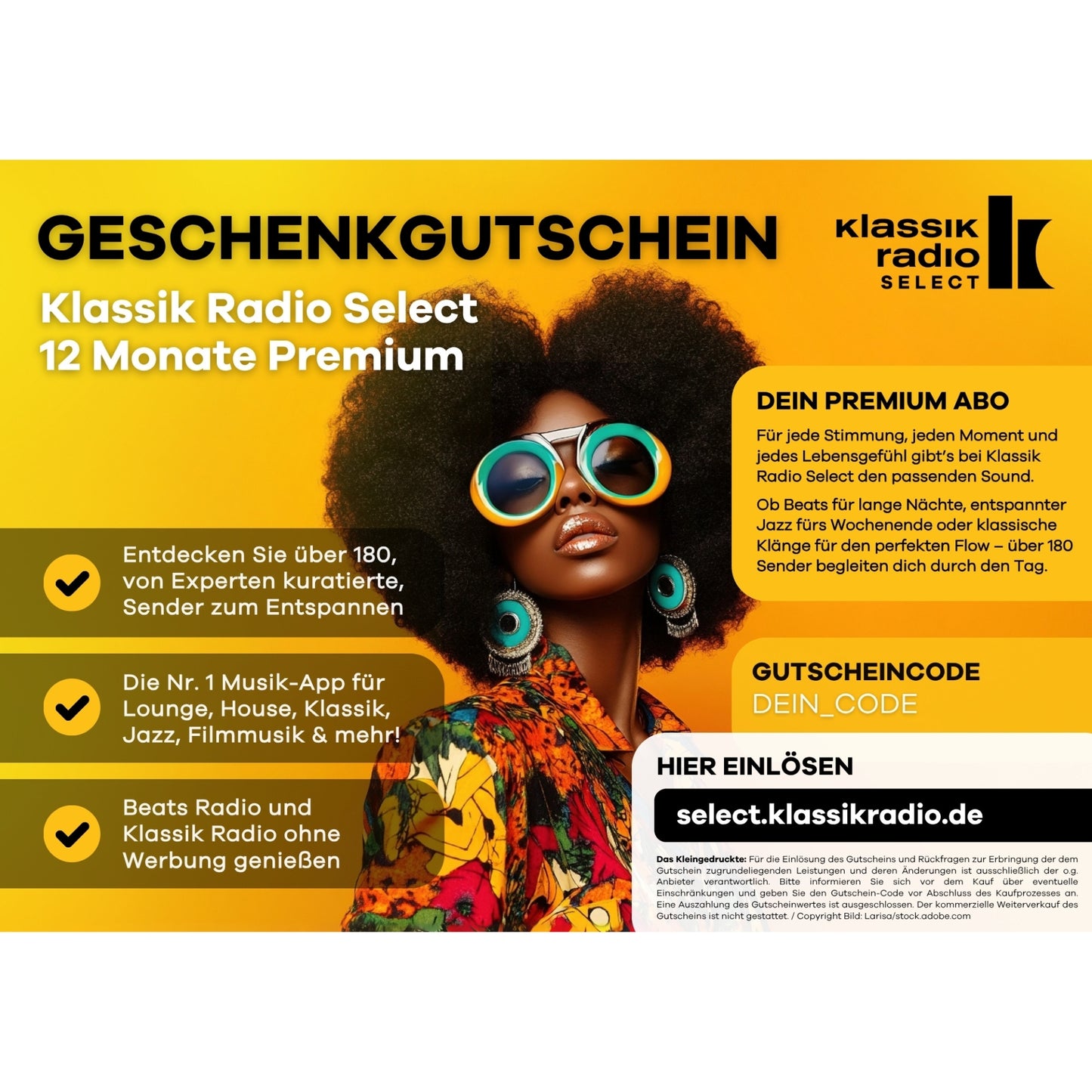 Klassik Radio Select Digitalgutschein - 12 Monate Premium, Optik Beats Radio