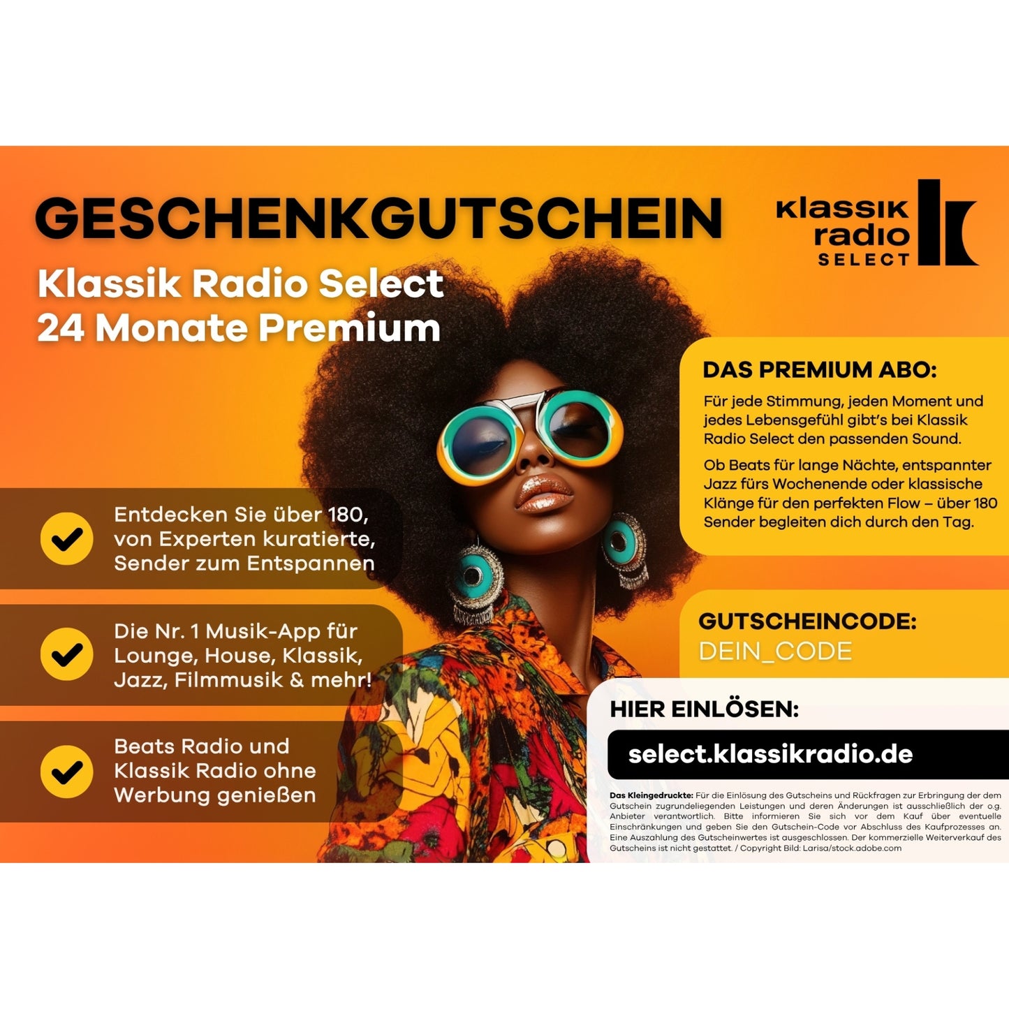 Klassik Radio Select Digitalgutschein - 24 Monate Premium, Optik Beats Radio