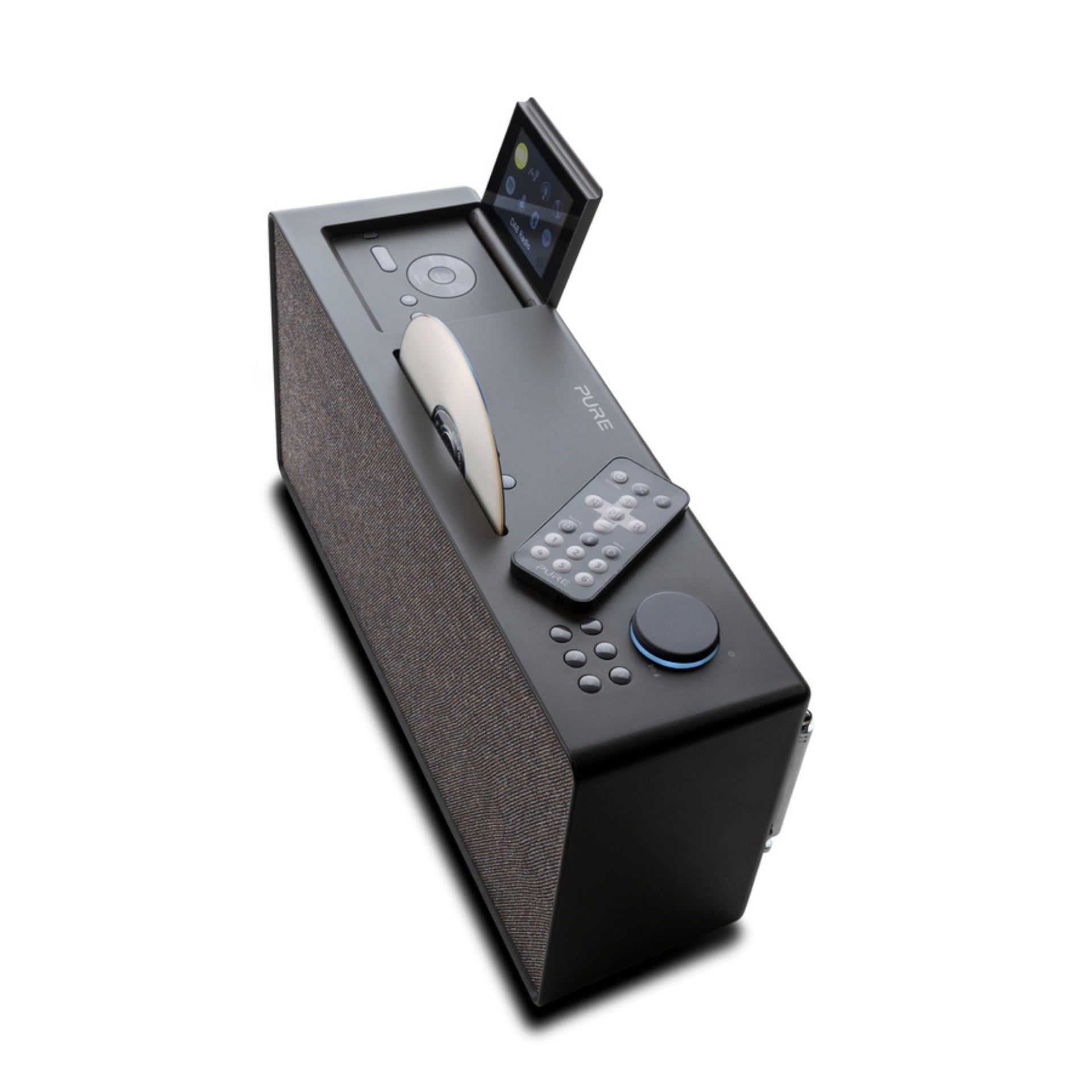Pure Home, schwarz, Ansicht von oben mit offenen Display und CD Player