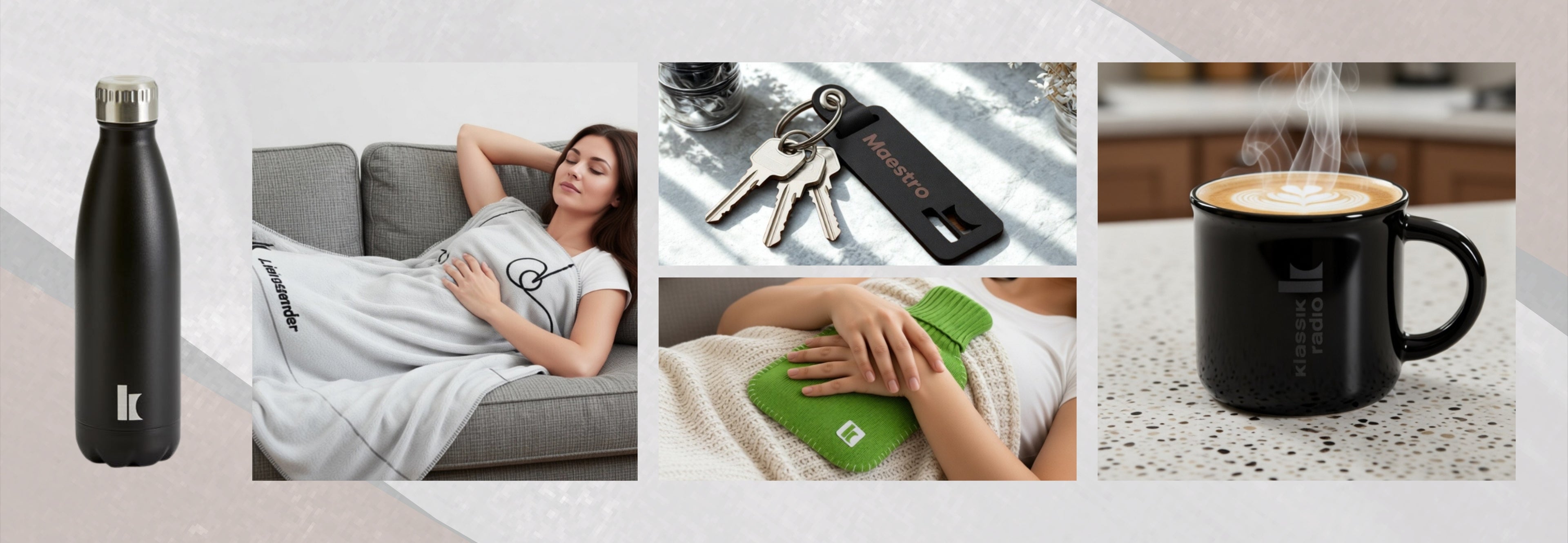 Klassik Radio Fanartikel: Trinkflasche, Kuscheldecke, Schlüsselanhänger Maestro, Wärmflasche, Tasse