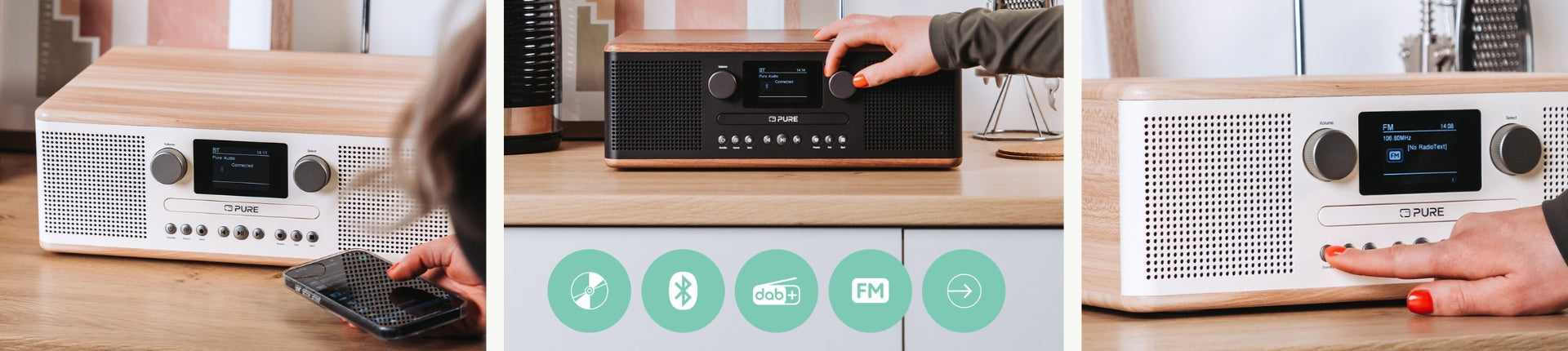 PURE Classic C-D6 auf Regal, Hand regel die Lautstärke und verbindet es mit dem Smartphone
