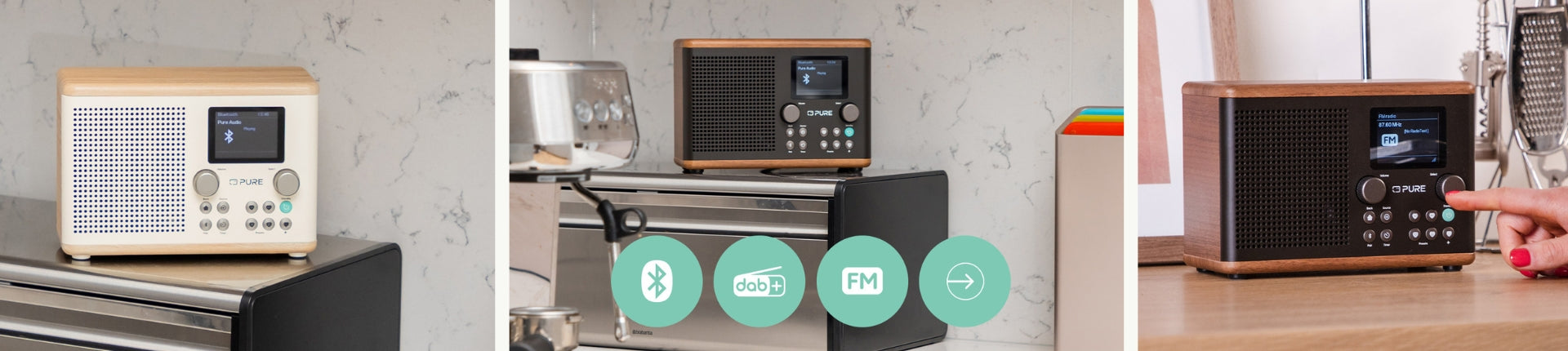 PURE Classic H4 im Arbeitszimmer mit Hinweis auf Bluetooth, DAB+ und FM