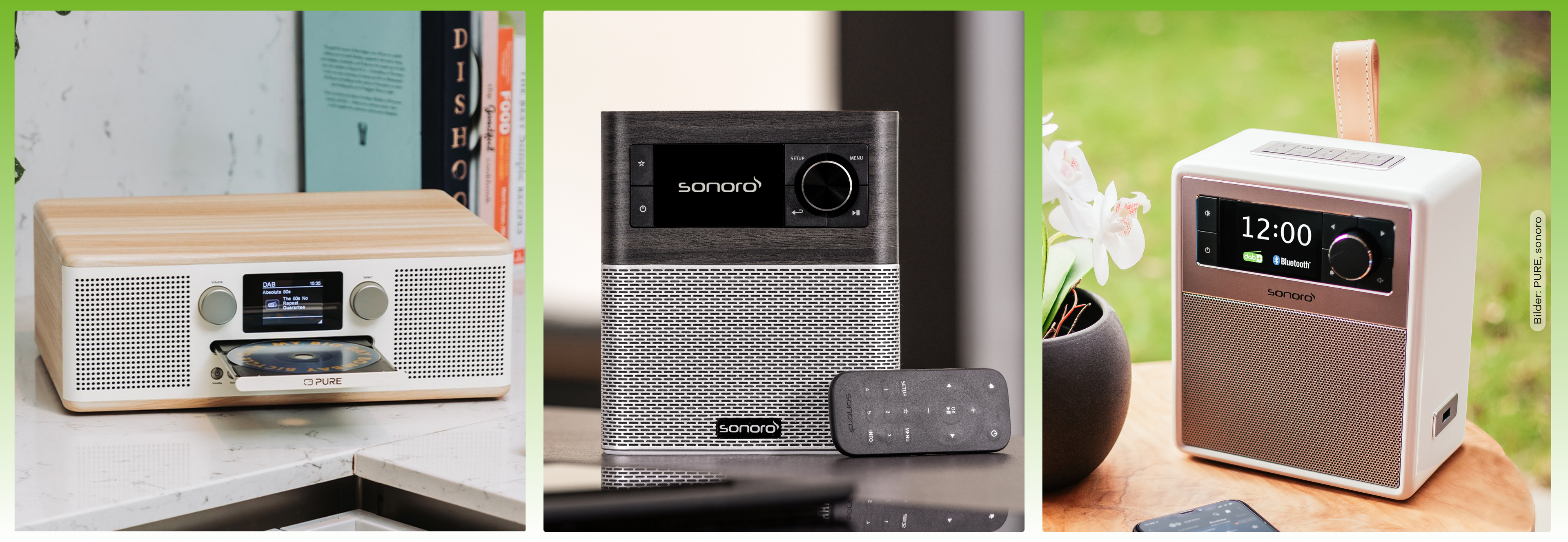 Banner-Collage mit drei verschiedenen DAB+ Radios von PURE und sonoro