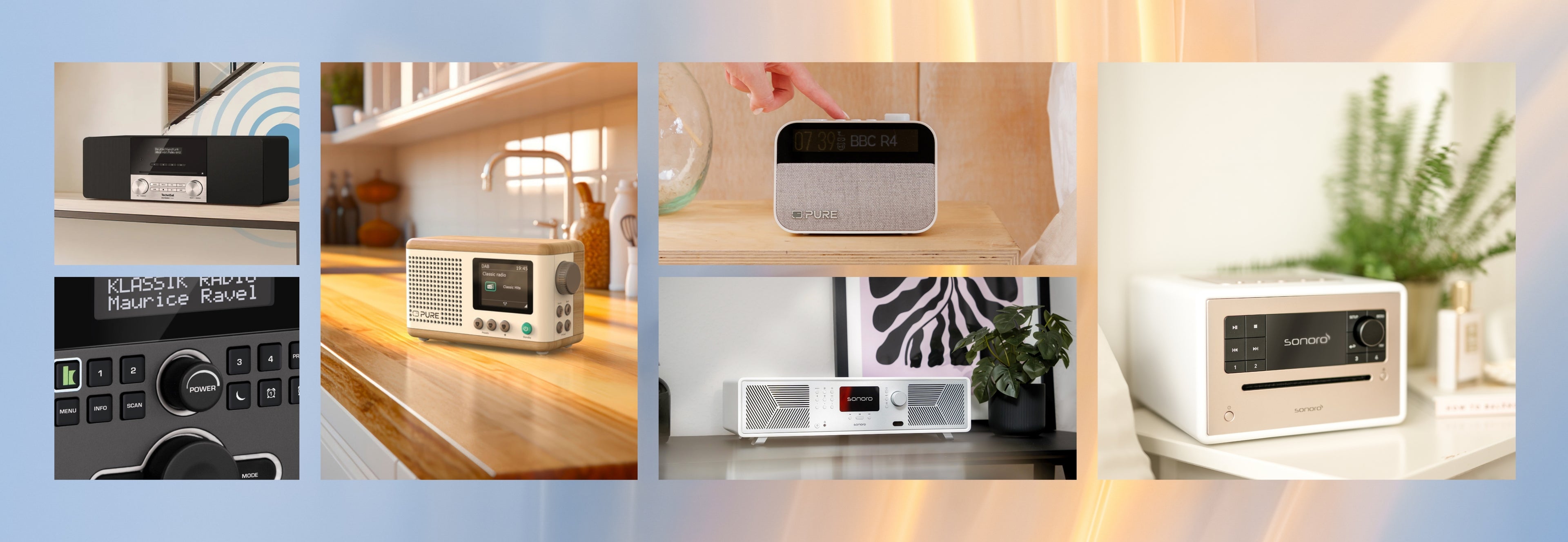 6 verschiedene Radios in Formen und Farben.