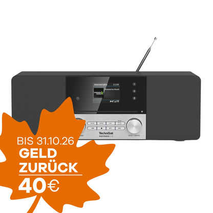 Produktabbildung des TechniSat DIGITRADIO 3 IR vor weißem Hintergrund mit oranger Grafik in Form eines Ahornblattes zu Geld-zurück-Aktion