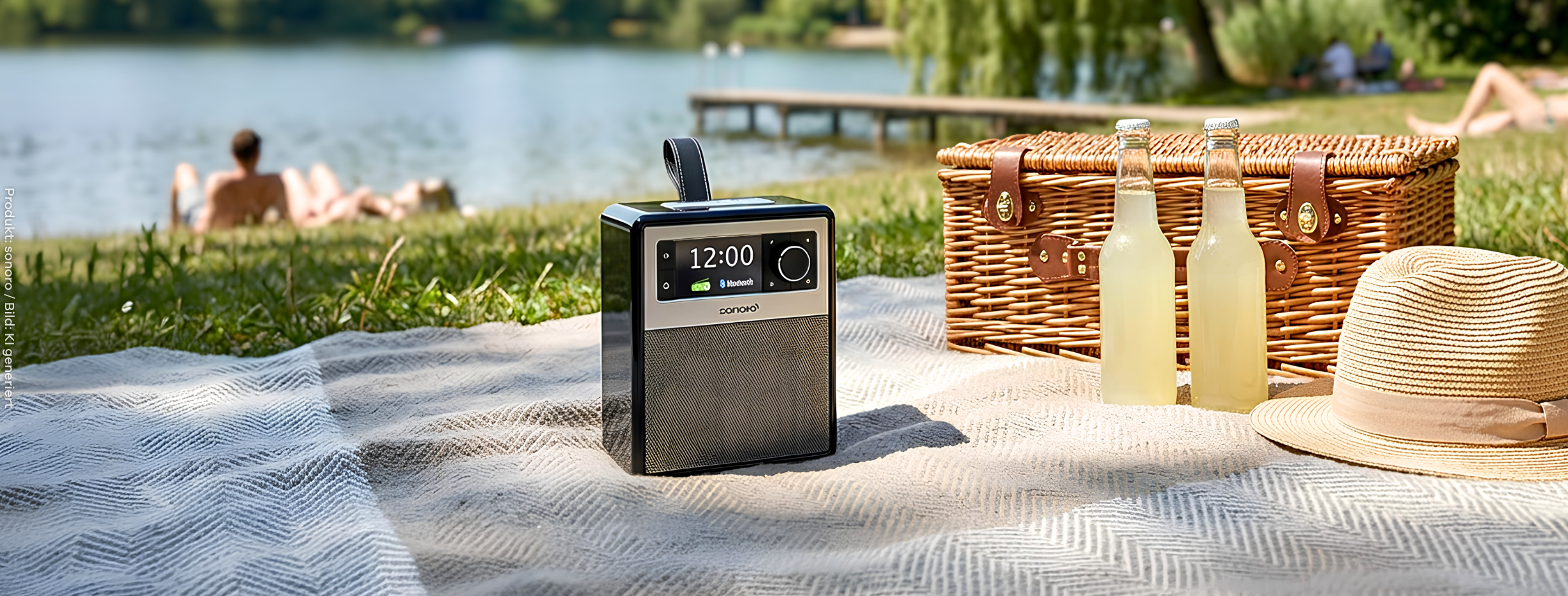 sonoro EASY DAB+ Radio steht auf einer Picknickdecke an einem Badesee, daneben ein Picknickkorb, zwei Flaschen Limonade und ein Sommerhut, im Hintergrund sich sonnende Personen