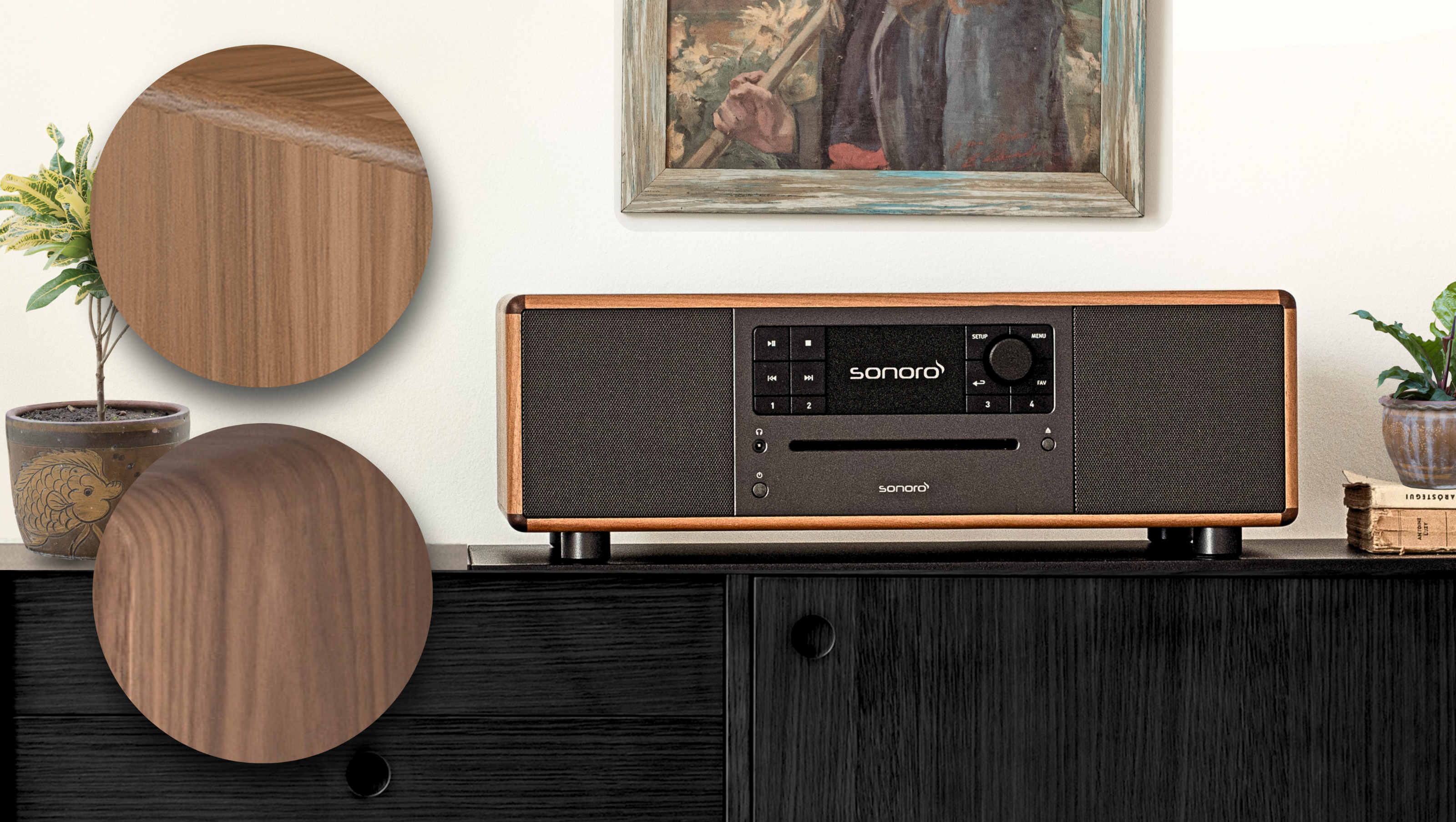 sonoro Prestige mit Echtholz-Gehäuse auf einer Kommode