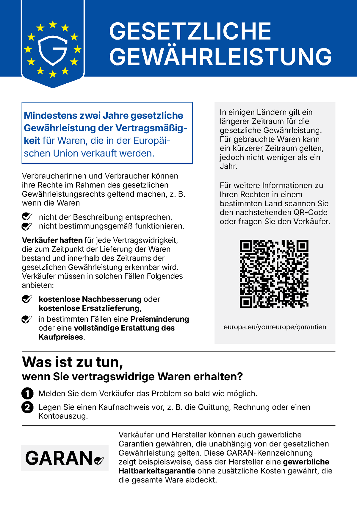 Gesetzliche Gewährleistung von mindestens 2 Jahren