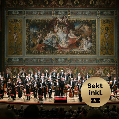Gruppenfoto des Dresdner Festspielorchesters auf einer Bühne vor einer Wand mit einem großen antiken Gemälde