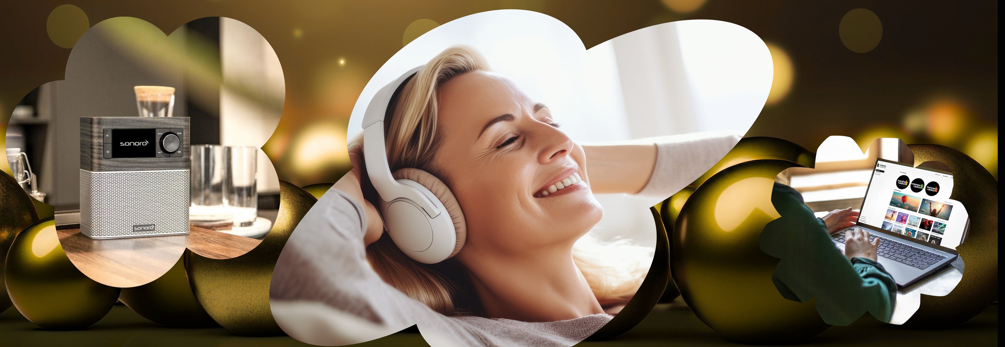 Hintergrund Weihnachtskugelb in Gold, links ein sonoro STREAM, in der Mitte eine Frau mit Kopfhörern, die die Musik genießt und rechts ein Blick auf einen Laptop, der Klassik Radio Plus zeigt