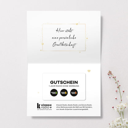 Radio ohne Werbung Geschenkkarte, Innensicht mit 1 Jahr Radio ohne Werbung