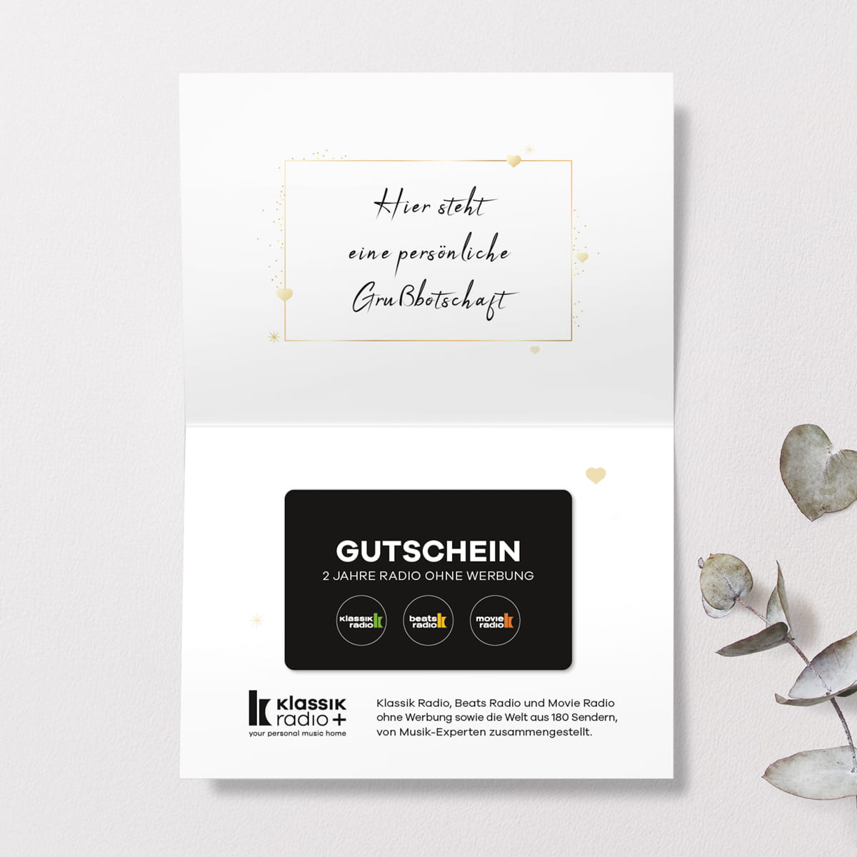 Radio ohne Werbung Geschenkkarte, Innensicht mit 2 Jahre Radio ohne Werbung