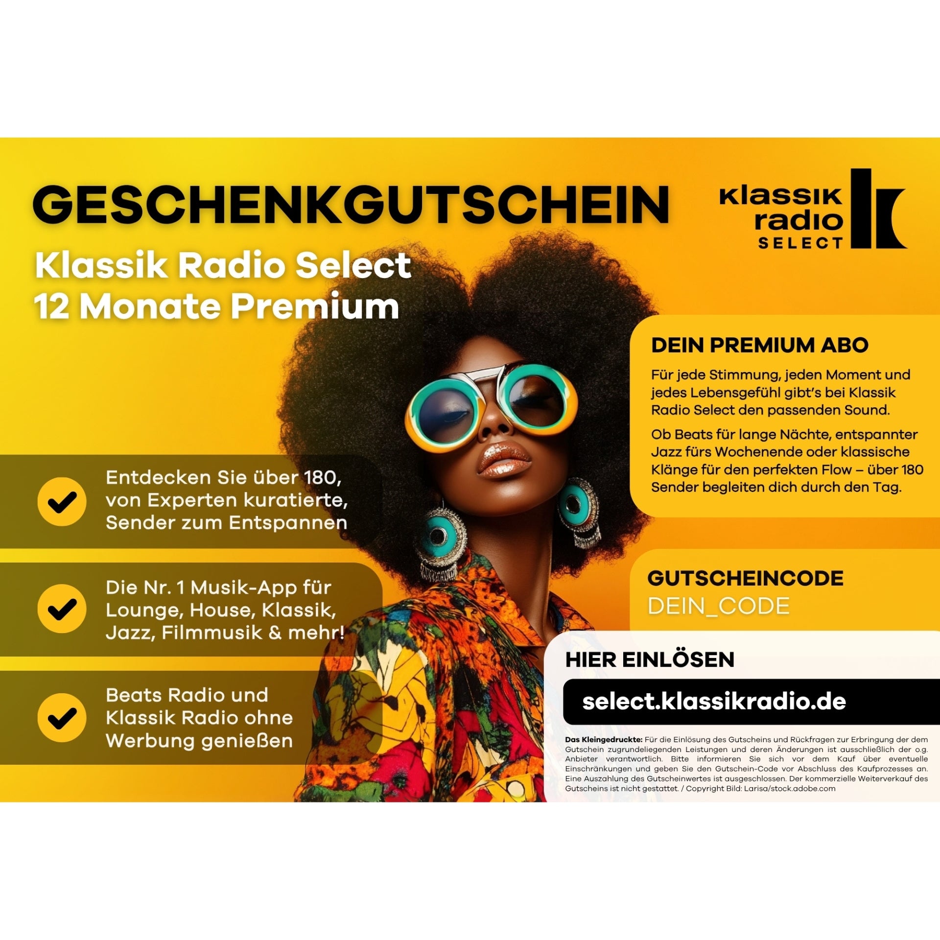 Klassik Radio Select Digitalgutschein - 12 Monate Premium, Optik Beats Radio