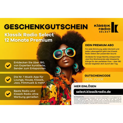 Klassik Radio Select Digitalgutschein - 12 Monate Premium, Optik Beats Radio