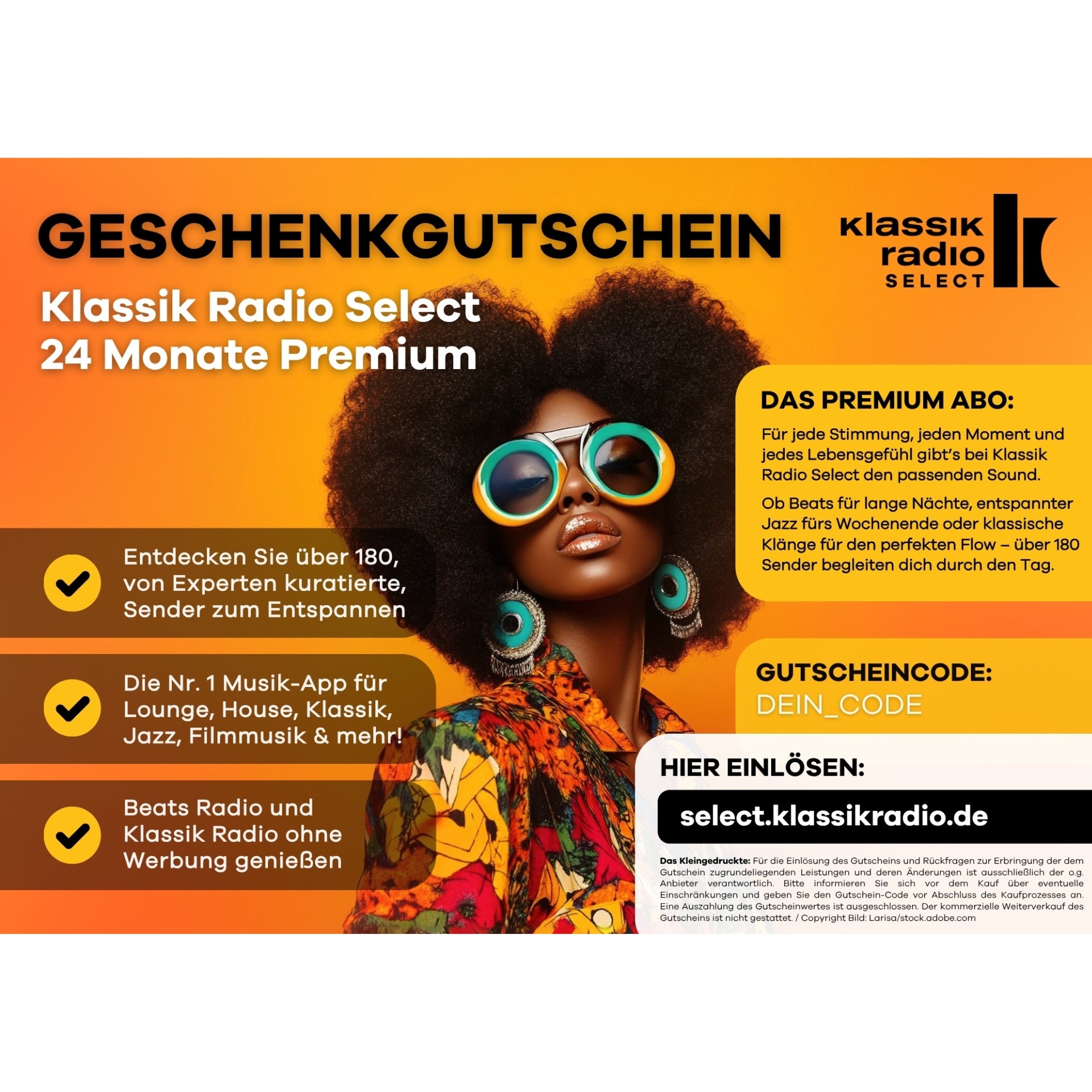 Klassik Radio Select Digitalgutschein - 24 Monate Premium, Optik Beats Radio