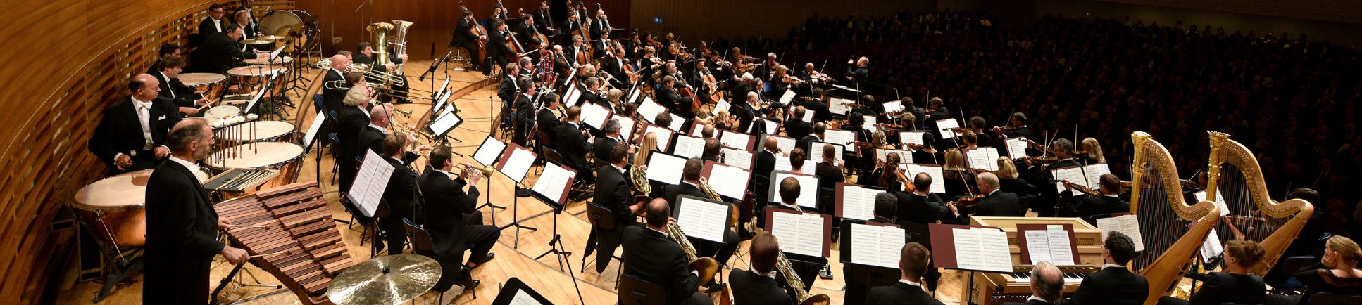 Supertotale eines Orchesters in einem hölzernen Konzertsaal