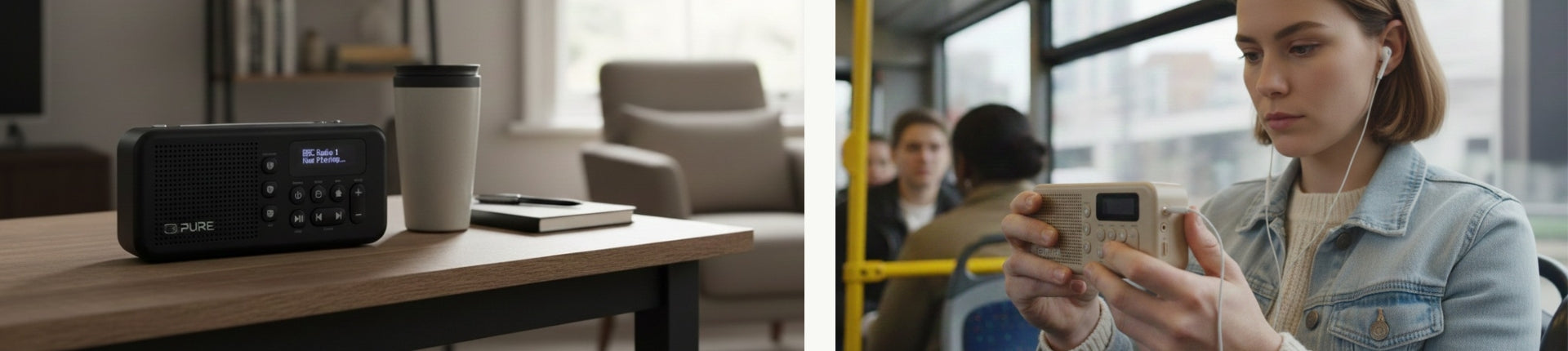 Pure Elan Move in chwarz auf Schreibtisch und in der Hand einer Frau im Bus