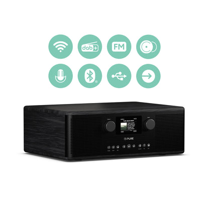 Pure Classic C-D6i in Asher Schwarz mit Hinweis auf Empfangsmöglichkeiten wie WLAN, DAB+, FM, CD, Bluetooth und USB