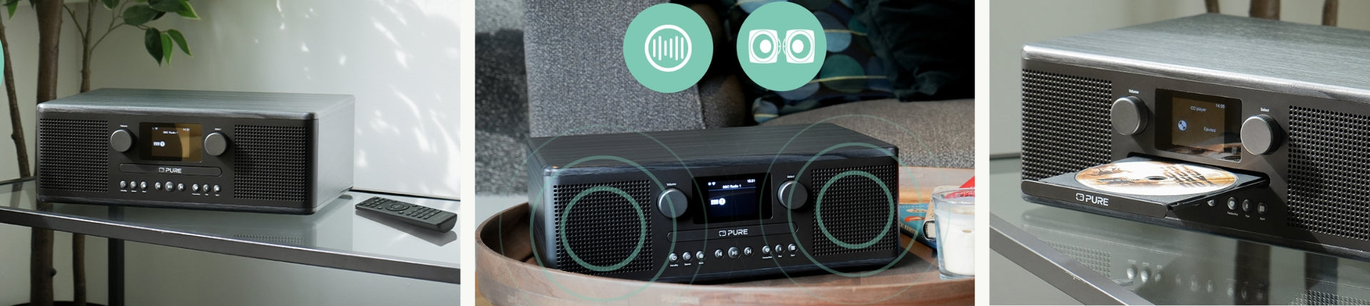 Pure Classic C-D6i in Asher Schwarz auf einem Glastisch mit offenem CD-Player