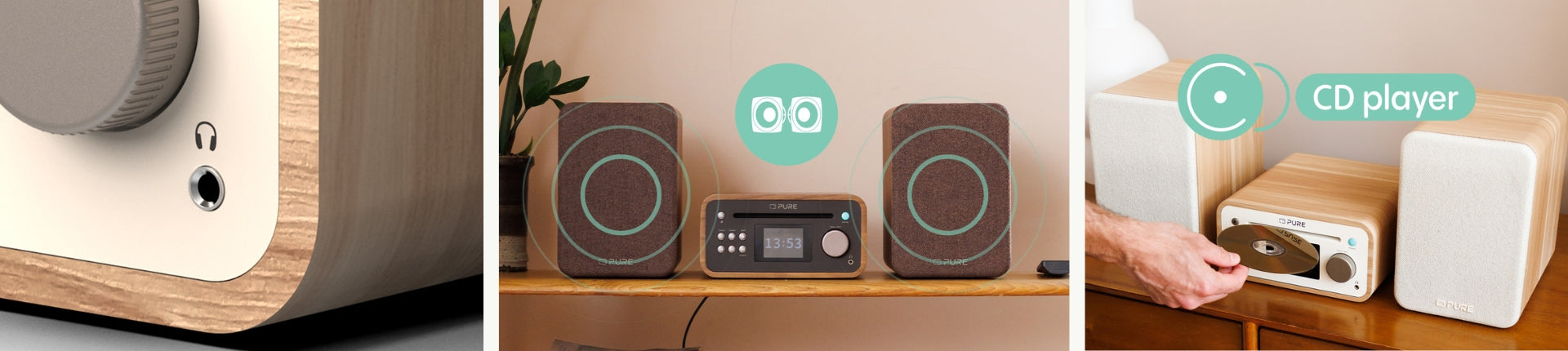 Pure Classic Sterei Mini mit Zoom auf die Kopfhörerbuchse, dem Hinweis auf den CD-Player und die zwei Lautsprecher