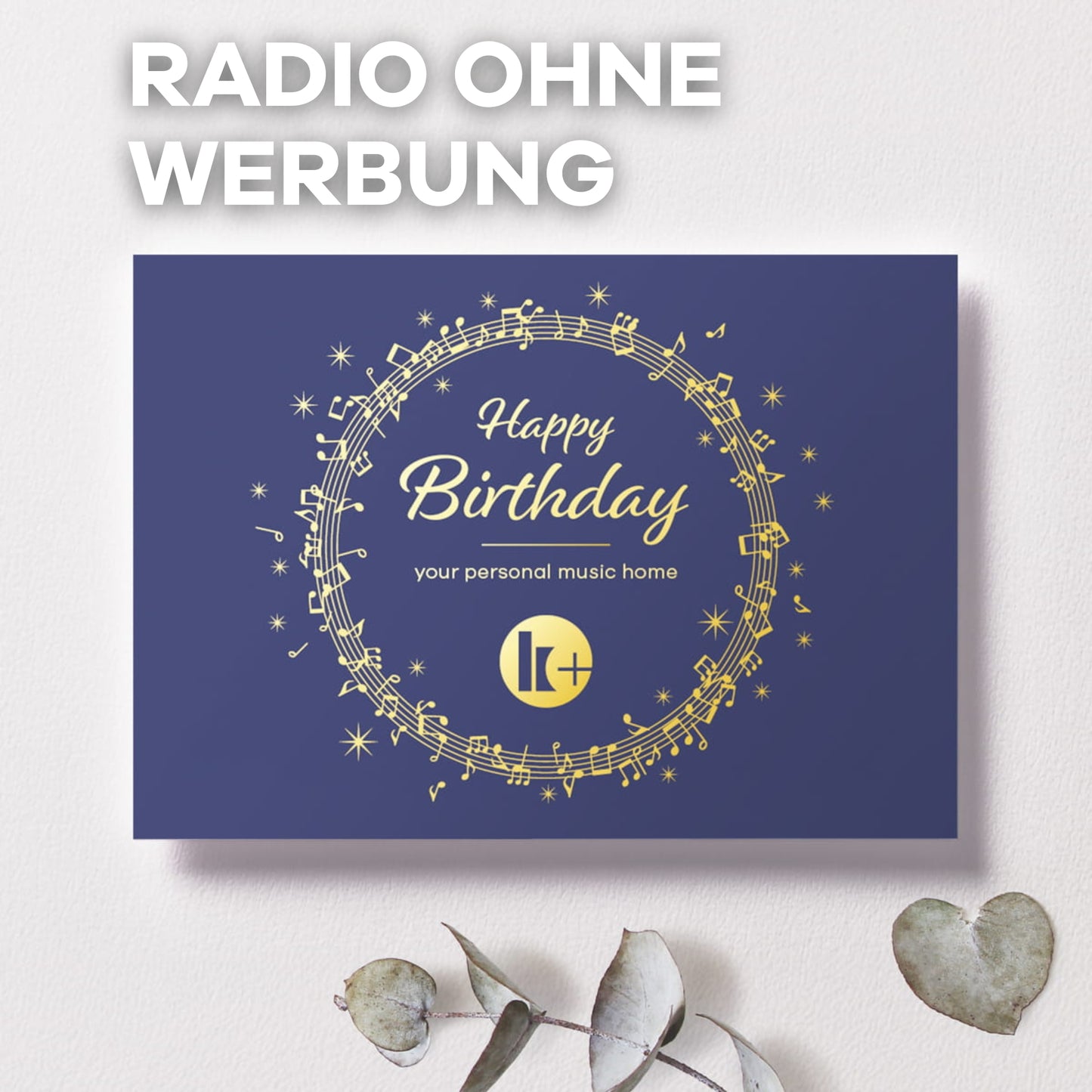 Radio ohne Werbung Geschenkkarte, "Happy Birthday" in blau