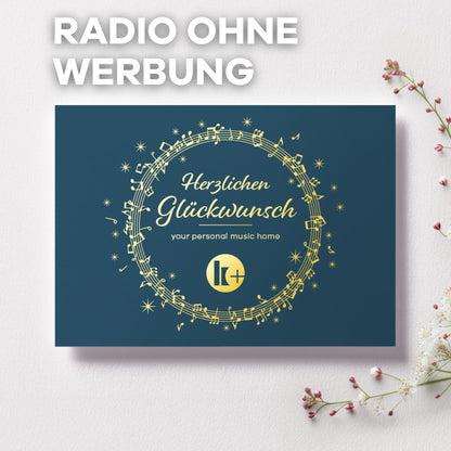 Radio ohne Werbung Geschenkkarte, "Herzlichen Glüchwunsch" in grün