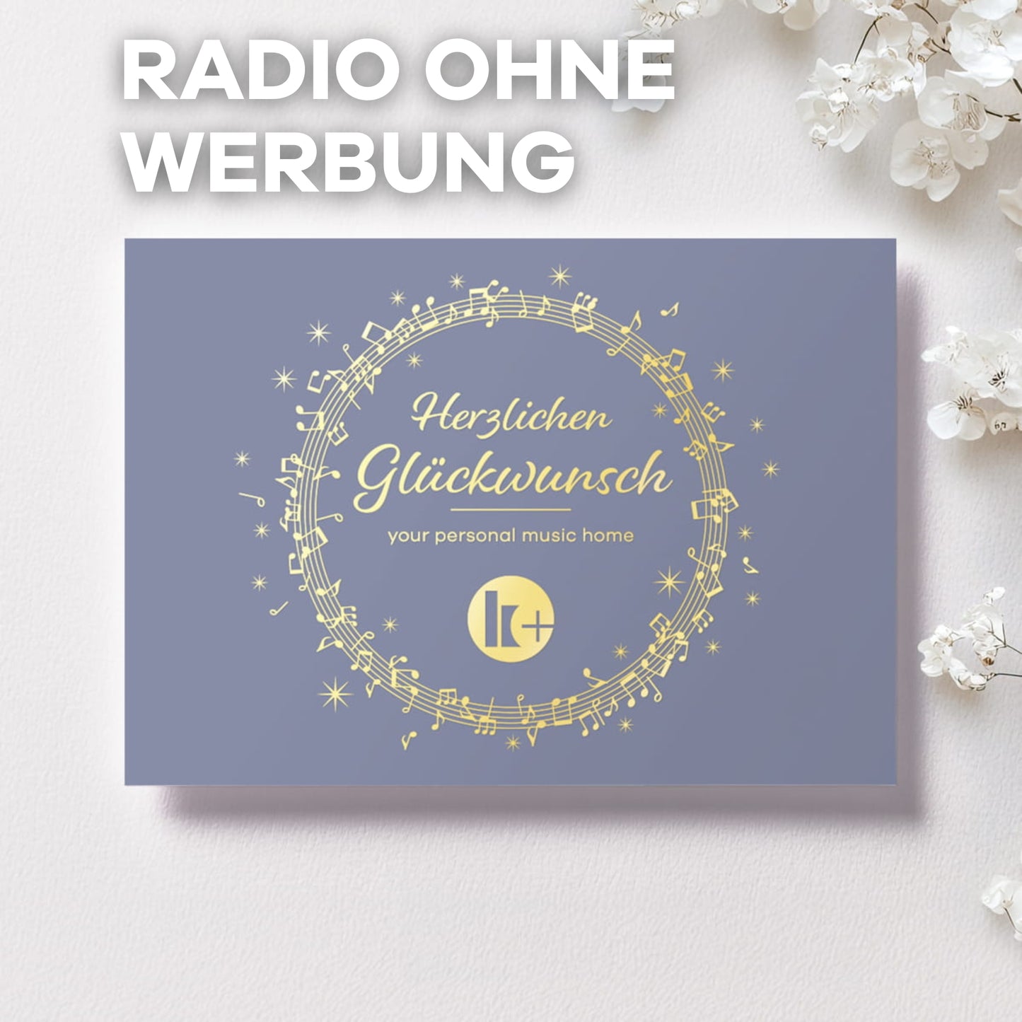 Radio ohne Werbung Geschenkkarte, "Herzlichen Glückwunsch" in hellblau