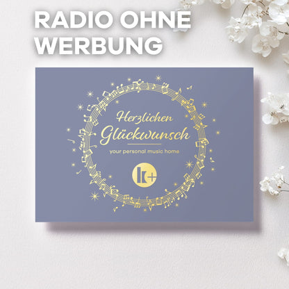 Radio ohne Werbung Geschenkkarte, "Herzlichen Glückwunsch" in hellblau