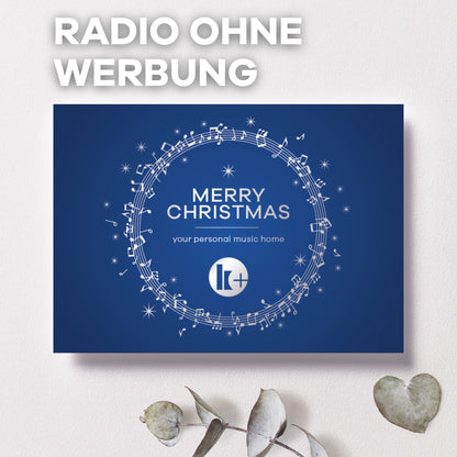 Radio ohne Werbung Geschenkkarte, "Merry Christmas" in blau