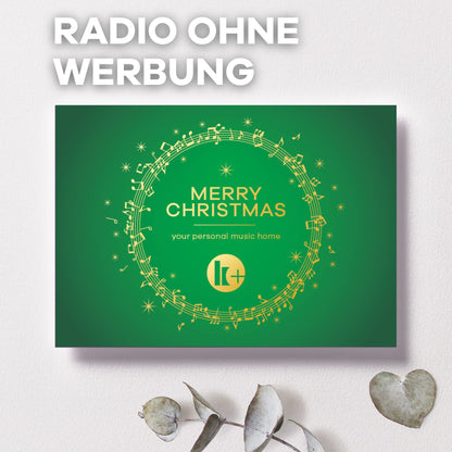 Radio ohne Werbung Geschenkkarte, "Merry Christmas" in grün