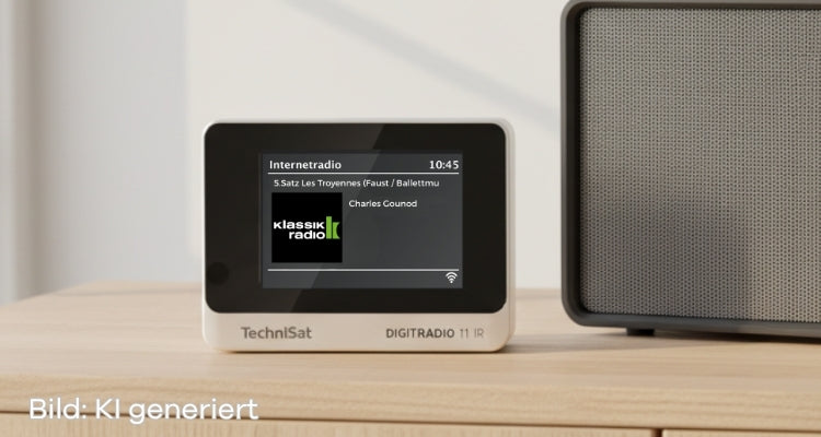 Altes Radio auf einem Holz-Sideboard, daneben der TechniSat Digitradio 11 IR Radioadapter mit Klassik Radio im Display
