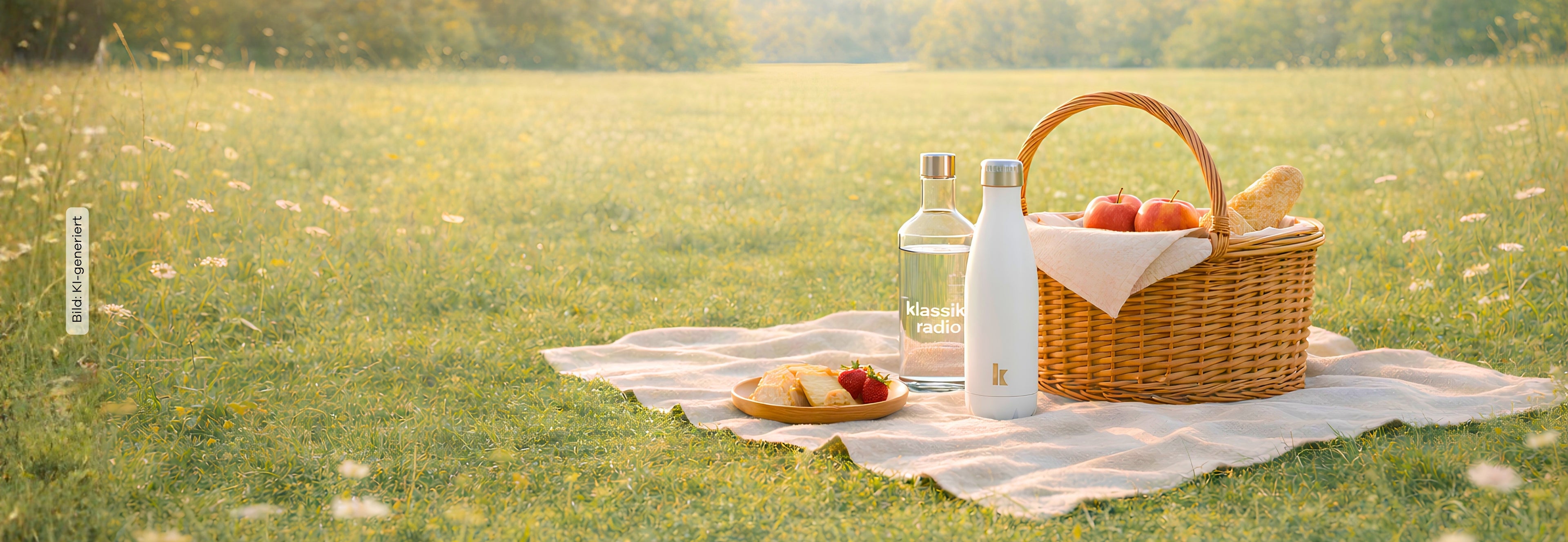 Picknickkorb auf Picknickdecke auf einer Wiese, neben dem Korb auf der Decke je eine Klassik Radio Glasflasche und Trinkflasche, im Hintergrund eine Sommerwiese mit Bäumen in der Ferne