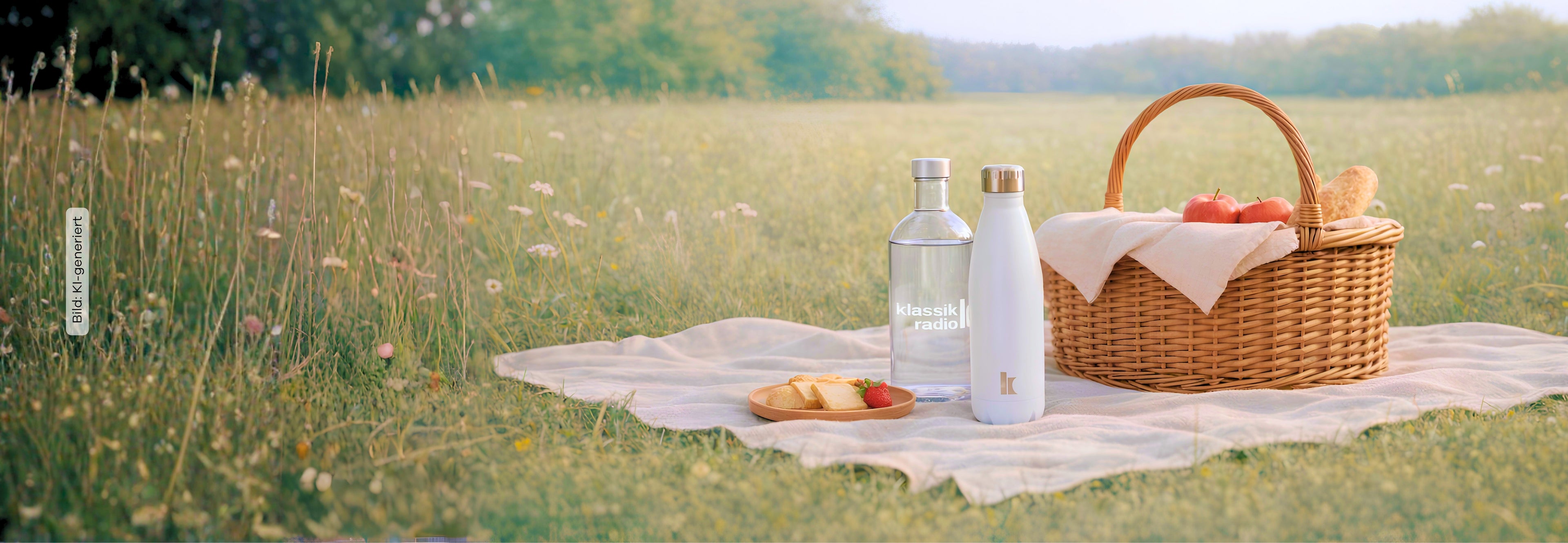 Picknickkorb auf Picknickdecke auf einer Wiese, neben dem Korb auf der Decke je eine Klassik Radio Glasflasche und Trinkflasche, im Hintergrund eine Sommerwiese mit Bäumen in der Ferne
