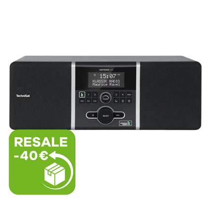 Produktabbildung des TechniSat DIGITRADIO 305 Klassik Edition in Schwarz vor weißem Hintergrund mit grüner Grafik zu Rabatt im Retourenverkauf