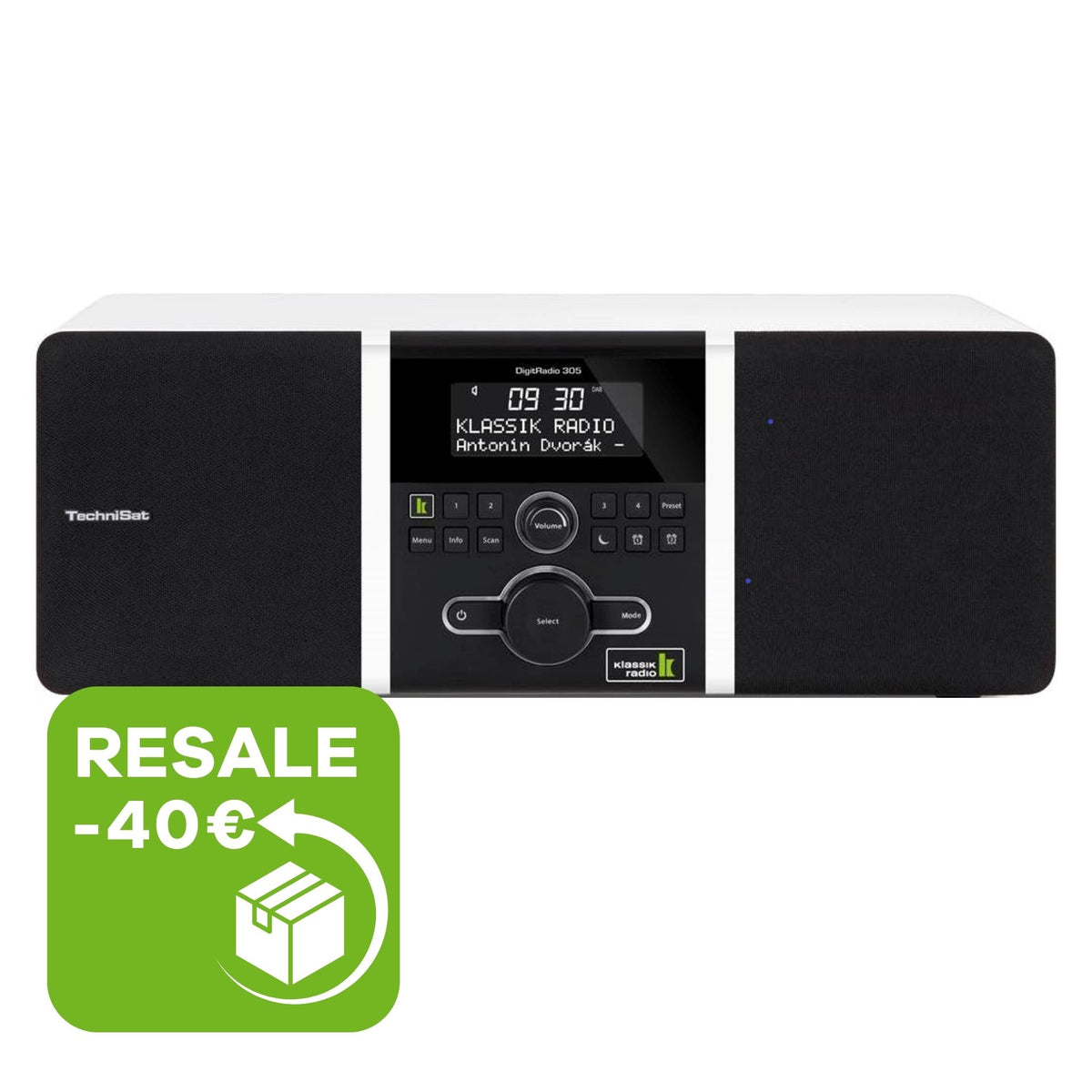 Produktabbildung des TechniSat DIGITRADIO 305 Klassik Edition in Weiß vor weißem Hintergrund mit grüner Grafik zu Rabatt im Retourenverkauf