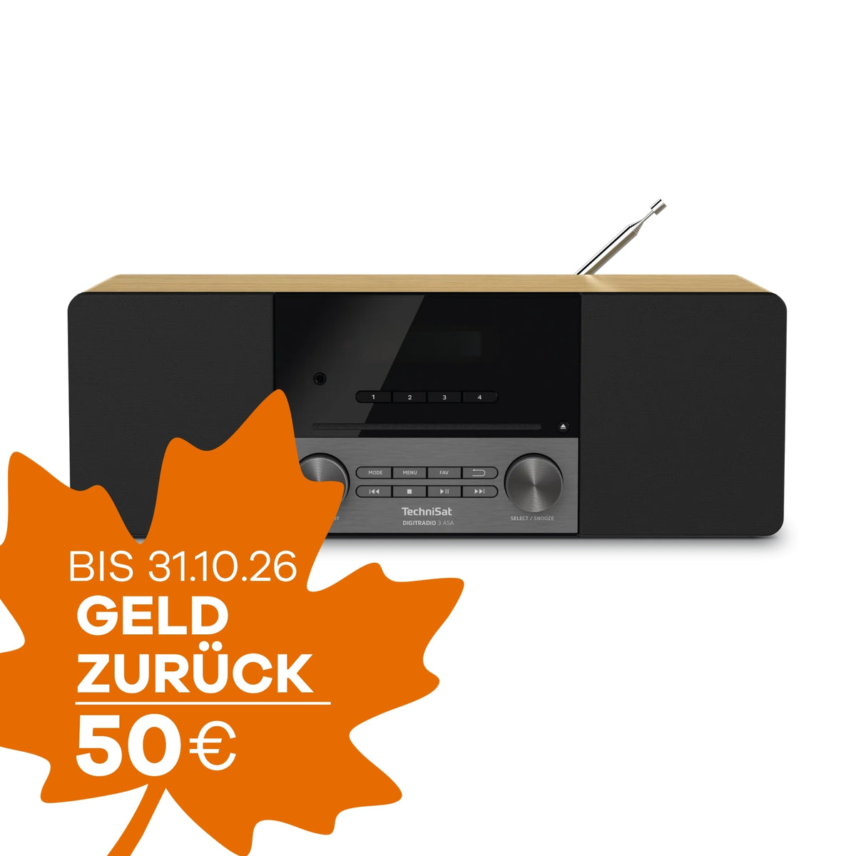 Produktabbildung des TechniSat DIGITRADIO 3 ASA in Eiche vor weißem Hintergrund mit oranger Grafik in Form eines Ahornblattes zu Geld-zurück-Aktion