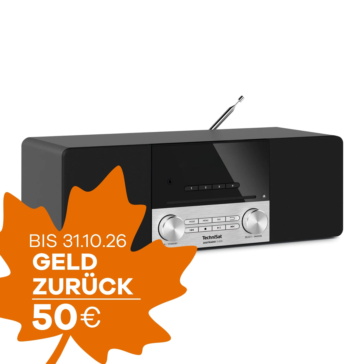 Produktabbildung des TechniSat DIGITRADIO 3 ASA in Schwarz-Silber vor weißem Hintergrund mit oranger Grafik in Form eines Ahornblattes zu Geld-zurück-Aktion