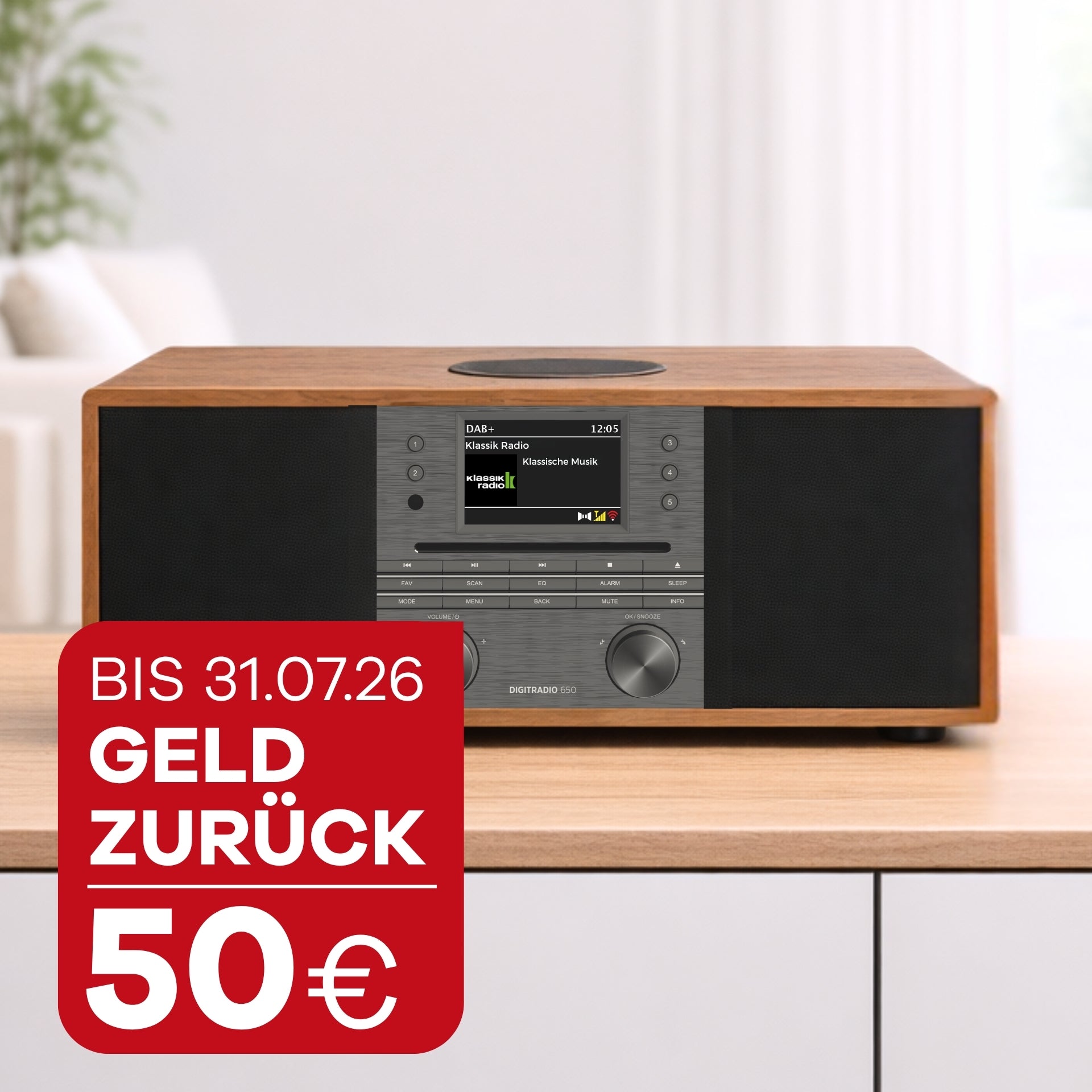 TechniSat Digtradio 650 nussbaum auf Kommode, Hinweis 50 Euro Geld zurück bis 31.07.2026