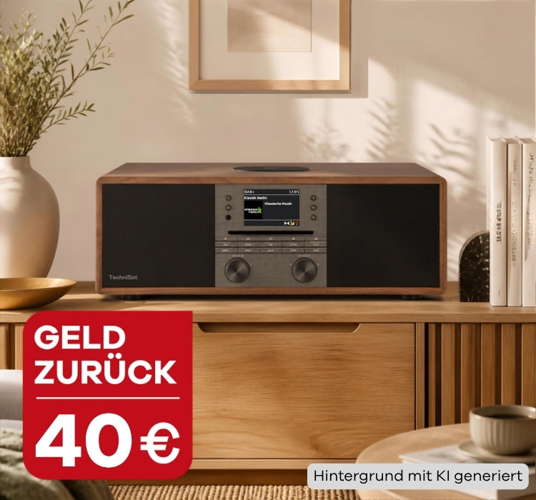 TechniSat DIGITRADIO 650 mit 40 € Geld zurück auf einer Holzkommode in einem Wohnzimmer
