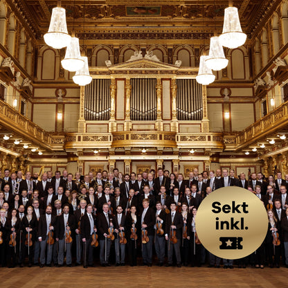 Gruppenfoto der Wiener Philharmoniker in einem goldenen Saal