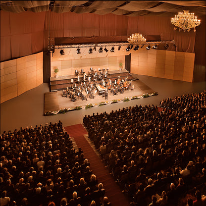 Vogelperspektive des klassikBOX Konzertsaals mit besetzten Publikumsplätzen und Blick Richtung einem auftretenden Orchester auf der Bühne
