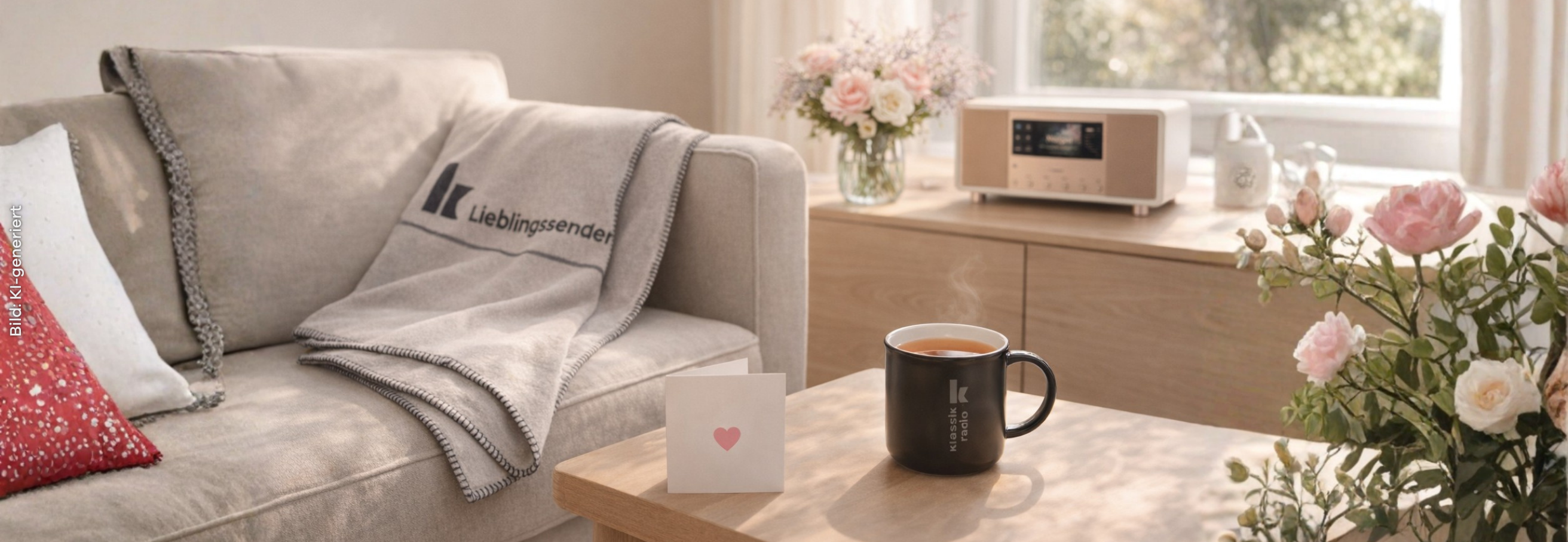 Blick ins Wohnzimmer, mit einem Sofa, wo die Klassik Radio Kuscheldecke liegt, auf dem Beistelltisch steht die Klassik Radio Tasse und im Hintergrund auf der Holzkommode ein Radio und Blumenstrauß