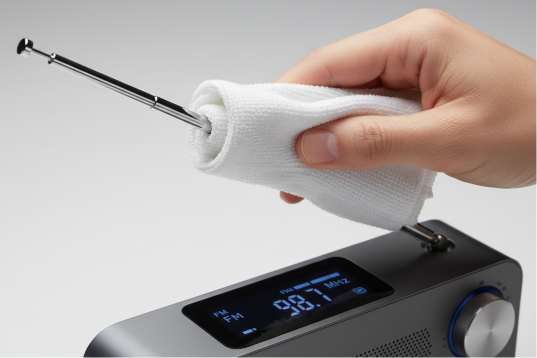 Eine Hand reinigt die Antenne eines tragbaren FM-Radios mit einem weißen Mikrofasertuch.
