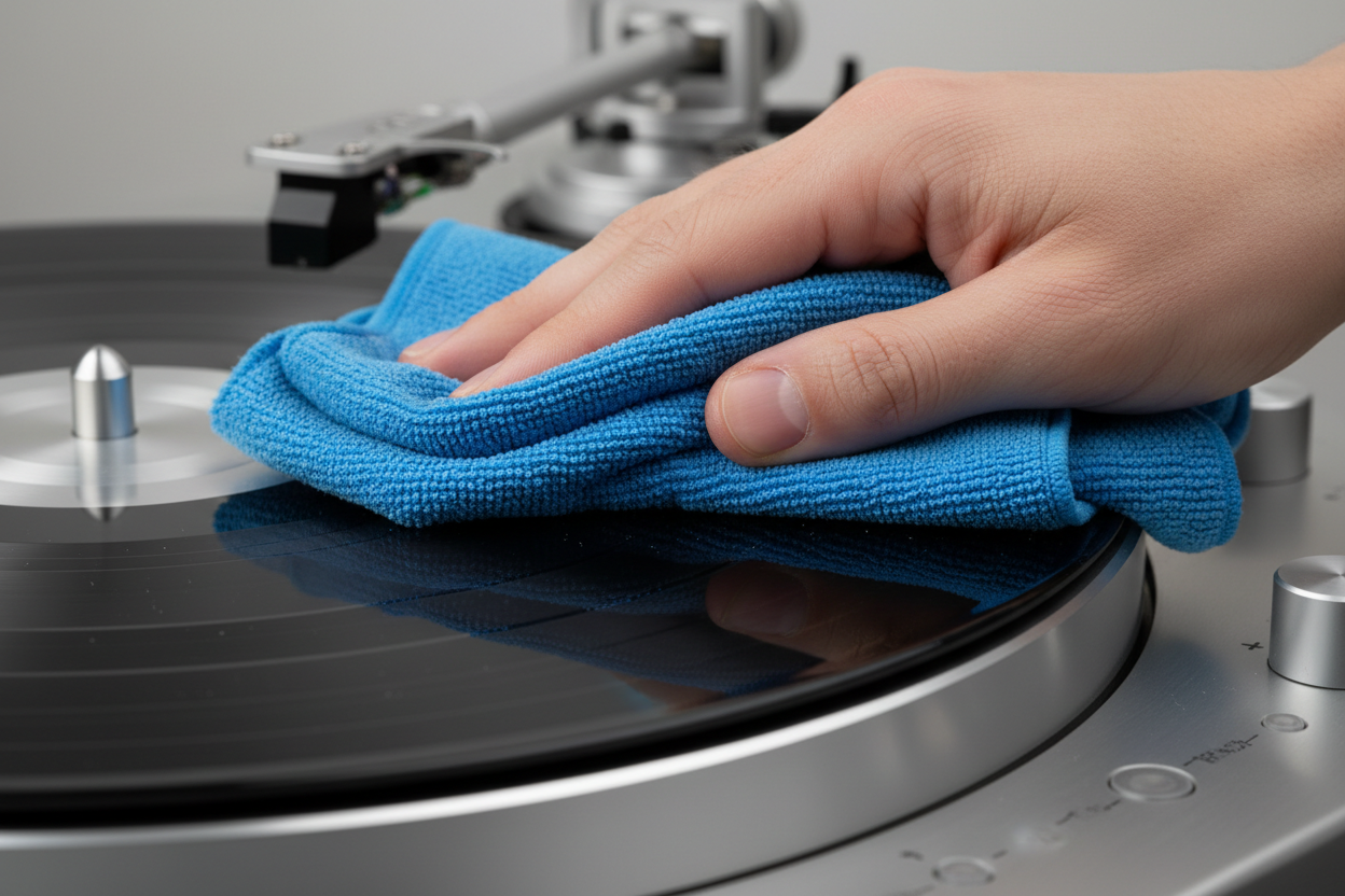 Eine Hand reinigt eine Schallplatte auf einem Plattenspieler mit einem blauen Mikrofasertuch.