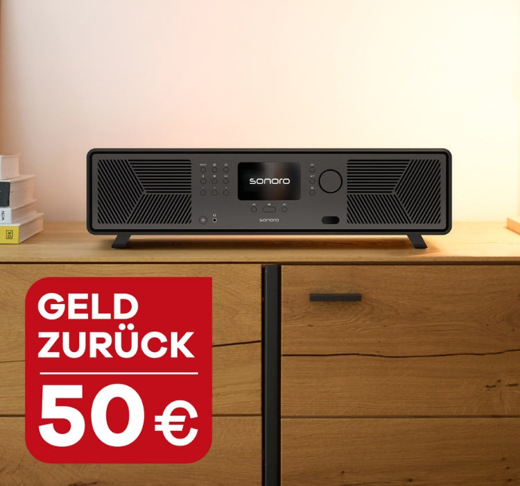 sonoro AVATON All-in-one Soundsystem auf einem Sideboard aus Holz, im Vordergrund der Text "Geld zurück: 50 Euro"