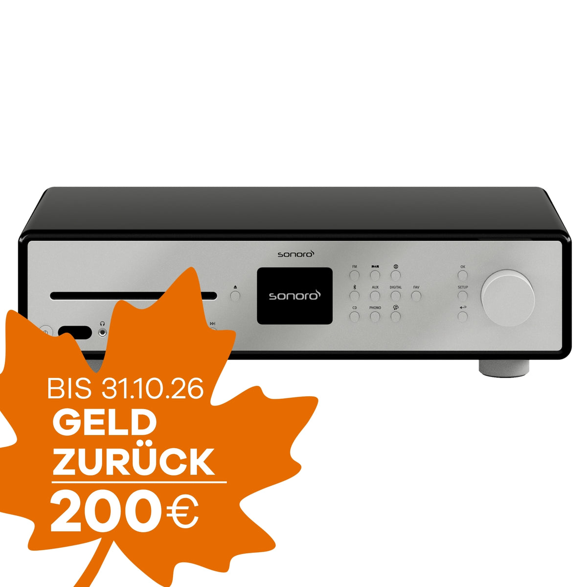 Produktabbildung des sonoro MAESTRO in Schwarz-Silber vor weißem Hintergrund mit oranger Grafik in Form eines Ahornblattes zu Geld-zurück-Aktion
