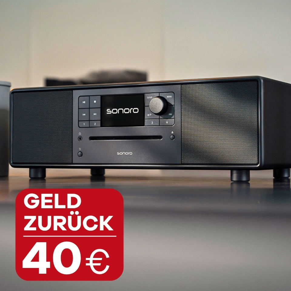 Nahaufnahme des sonoro PRESTIGE in Schwarz auf einer Kommode