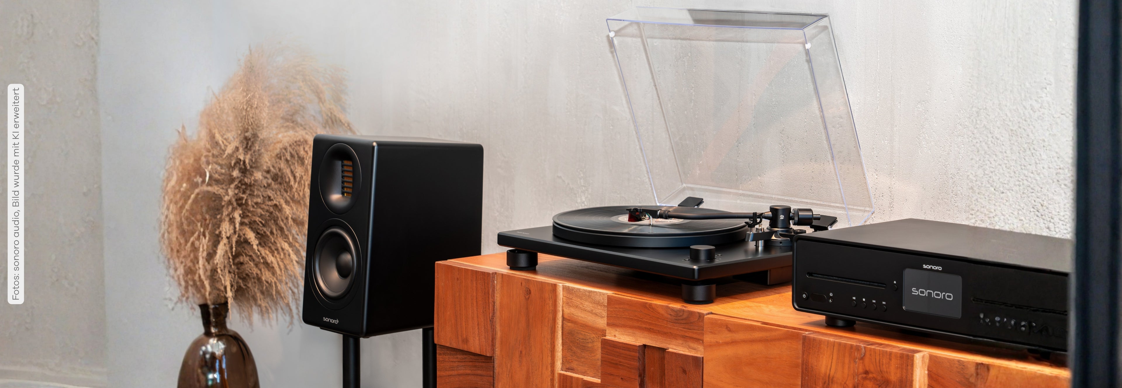 sonoro PLATINUM Schallplattenspieler in Schwarz neben Lautpsrecher und sonoro MAESTRO auf einem Sideboard aus Holz.