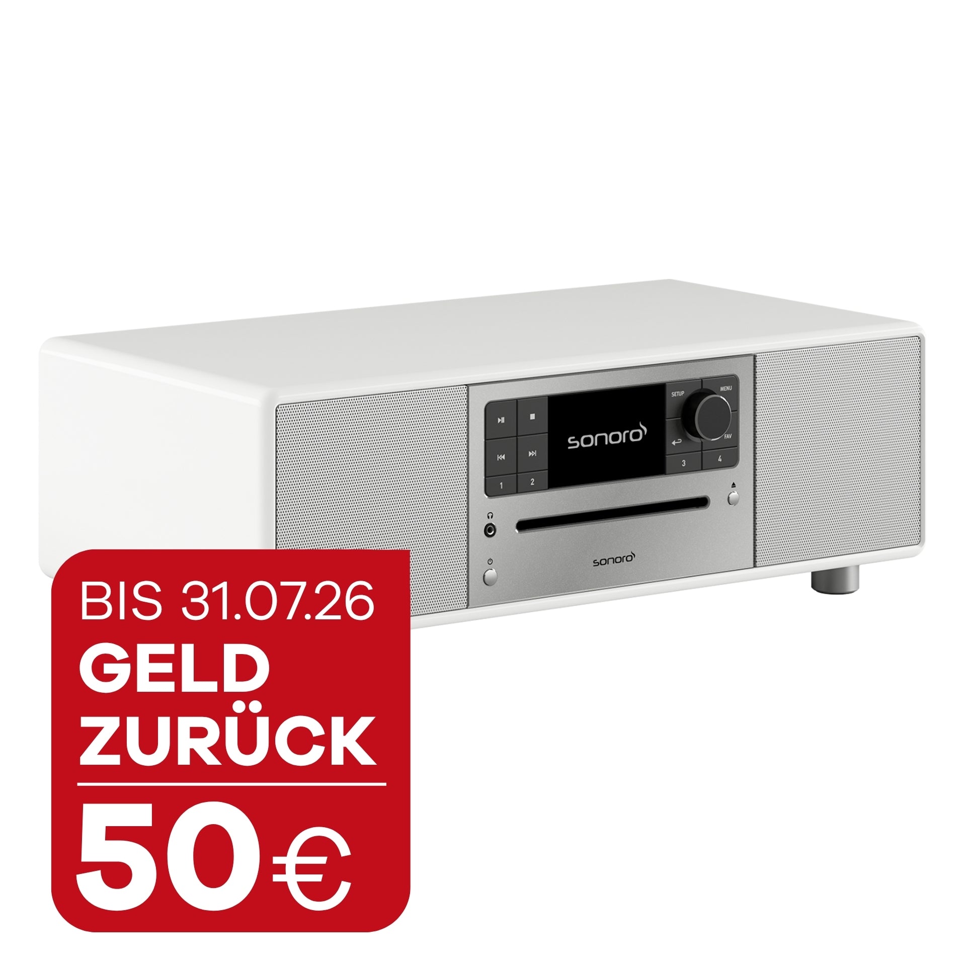 sonoro PRESTIGE Radio in Weiß. schräge Ansicht des Gerätes, Störer mit 50 Euro Geld zurück, bis 31.07.2026